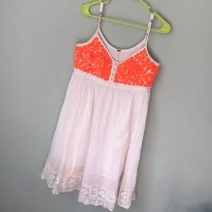 Free People White Sundress with Neon Coral Lace Bodice